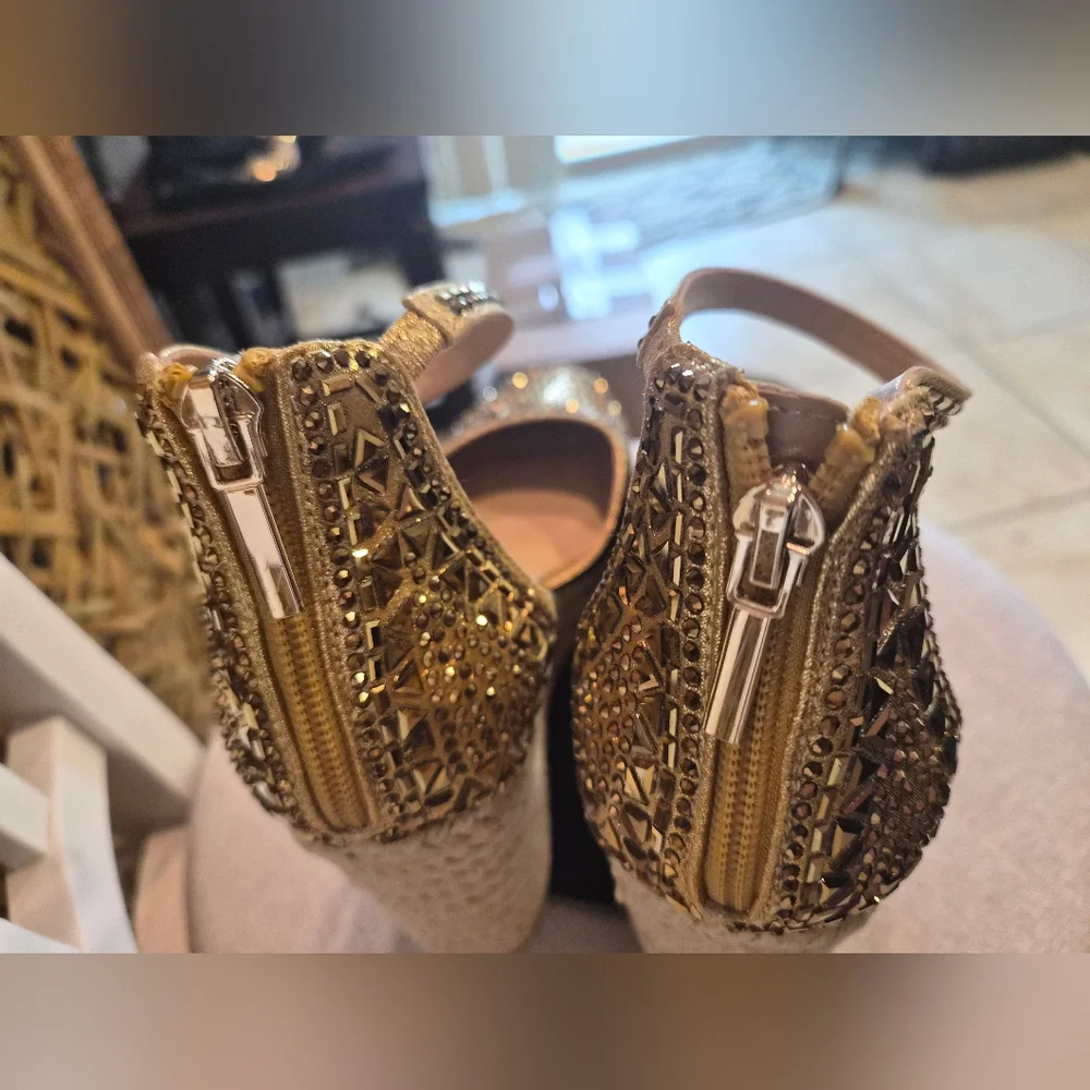 Thalia Sodi Gold Embellished Wedge Espadrilles